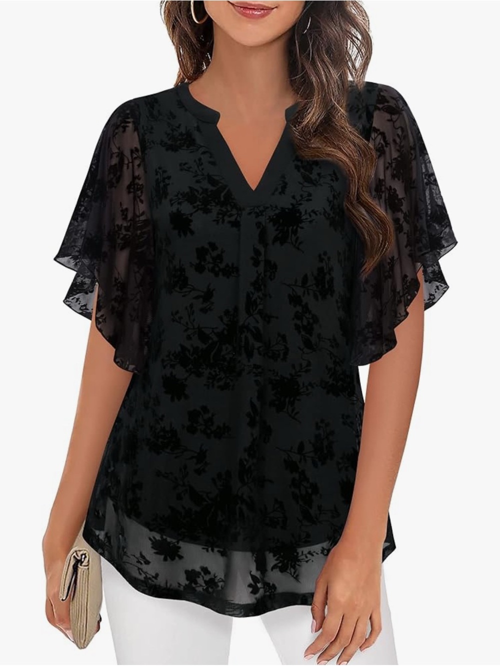 NWT Women's Short Sleeve V Neck Blouse W/ Floral Double Layers